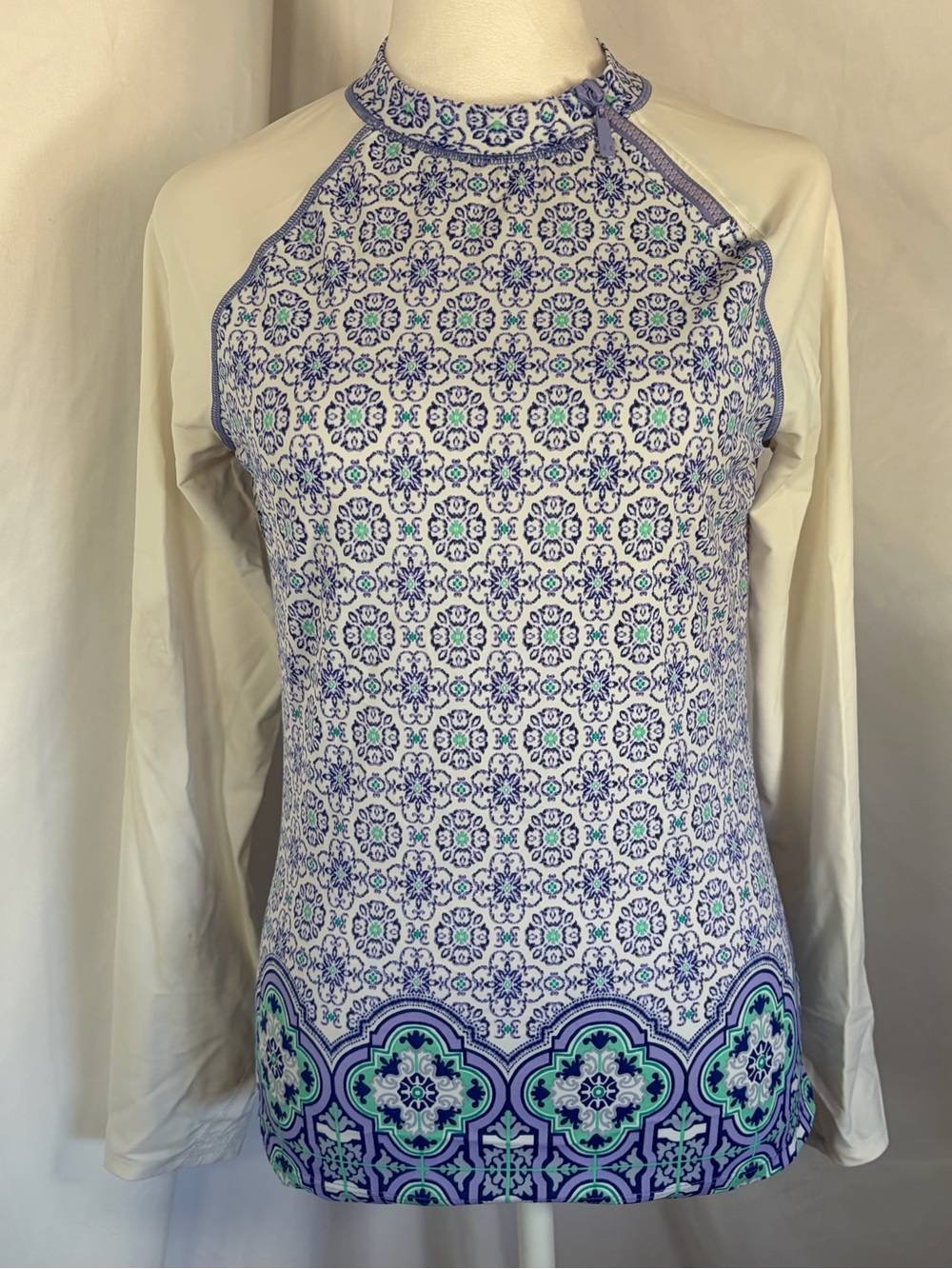 Cabana Life Long Sleeve RashGuard Swim Top White with Mint & Purple Tile Small